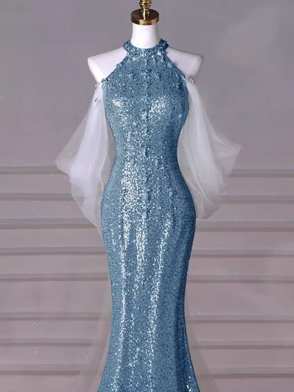 Sexy Meerjungfrauen-Neckholder Pailletten Blau Bodenlanges Ballkleid P1710