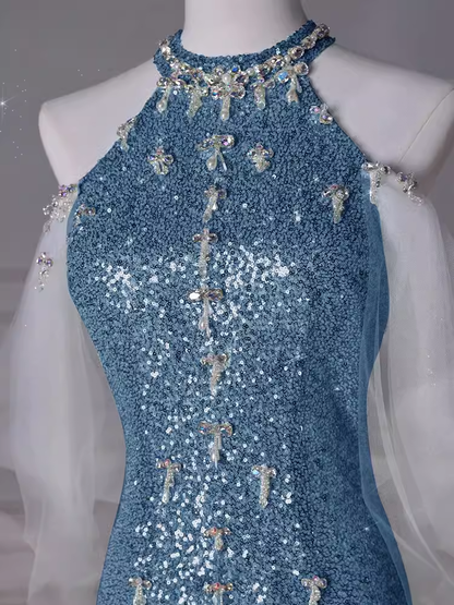 Sexy Meerjungfrauen-Neckholder Pailletten Blau Bodenlanges Ballkleid P1710