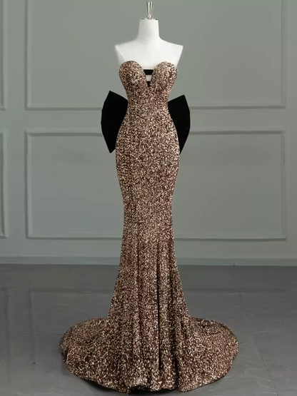 Sexy Mermaid Strapless Sequin Gold Floor Length Prom Dress P1711   PreppyDress