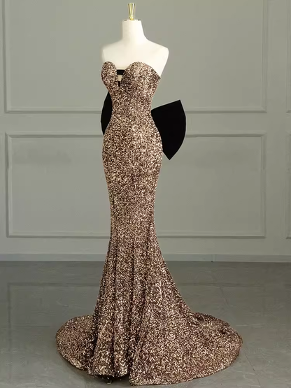 Sexy Meerjungfrauen Trägerloses Pailletten Gold Bodenlanges Ballkleid P1711