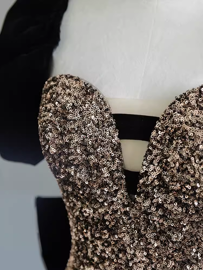 Sexy Meerjungfrauen Trägerloses Pailletten Gold Bodenlanges Ballkleid P1711