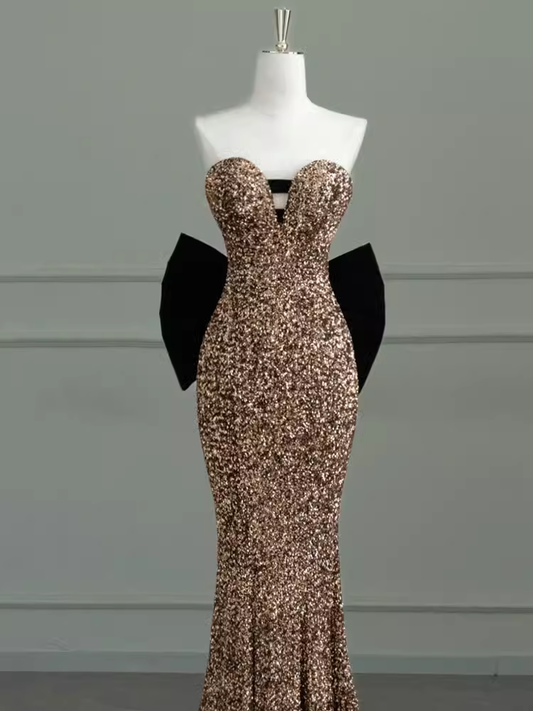 Sexy Mermaid Strapless Sequin Gold Floor Length Prom Dress P1711