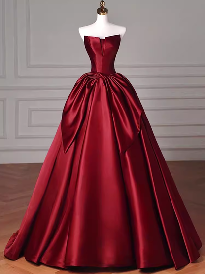 Schlichtes, trägerloses burgunderrotes, bodenlanges A-Linien-Ballkleid P1706
