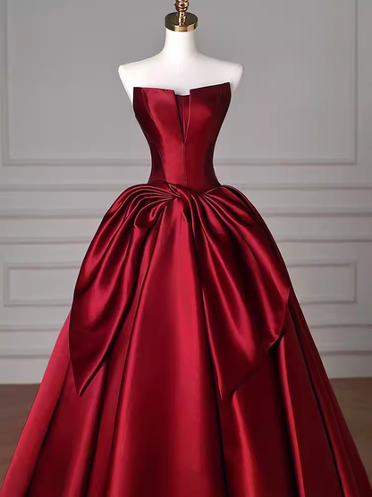 Schlichtes, trägerloses burgunderrotes, bodenlanges A-Linien-Ballkleid P1706