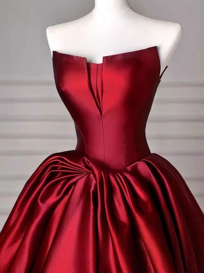 Schlichtes, trägerloses burgunderrotes, bodenlanges A-Linien-Ballkleid P1706