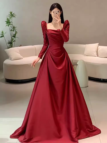 Schlichtes Meerjungfrau-Abendkleid mit langen Ärmeln, weinrot, bodenlang P1708
