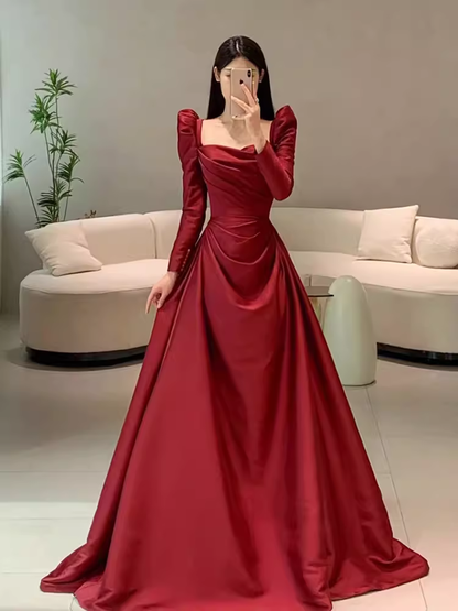Schlichtes Meerjungfrau-Abendkleid mit langen Ärmeln, weinrot, bodenlang P1708
