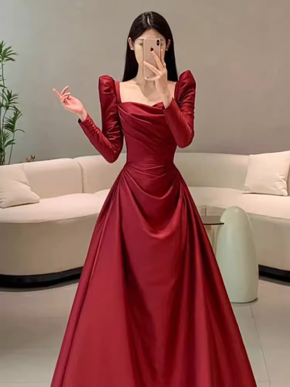 Schlichtes Meerjungfrau-Abendkleid mit langen Ärmeln, weinrot, bodenlang P1708