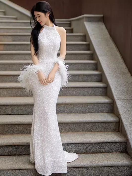 Sexy Mermaid High Neckline Sequin White Floor Length Prom Dress With Feathers P1712