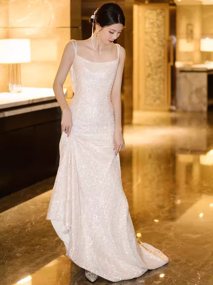 Robes de mariée sirène vintage longues en ivoire à sequins P1713