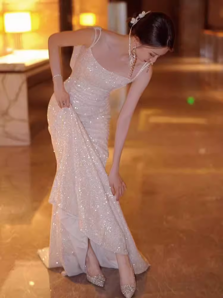 Vintage Mermaid Straps Long Ivory Sequin Wedding Dresses P1713 PreppyDress Vintage Mermaid Straps Long Ivory Sequin Wedding Dresses P1713 PreppyDress