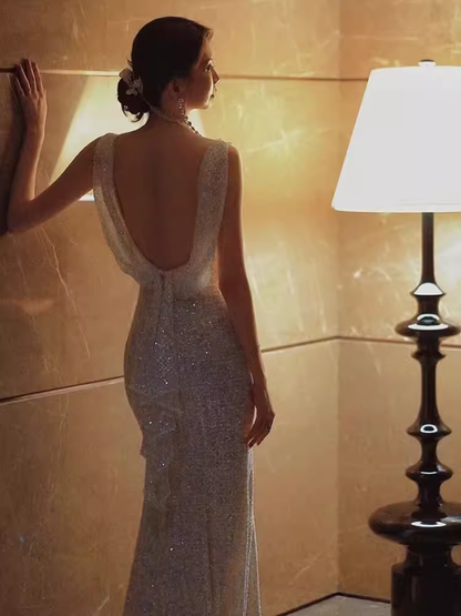 Robes de mariée sirène vintage longues en ivoire à sequins P1713