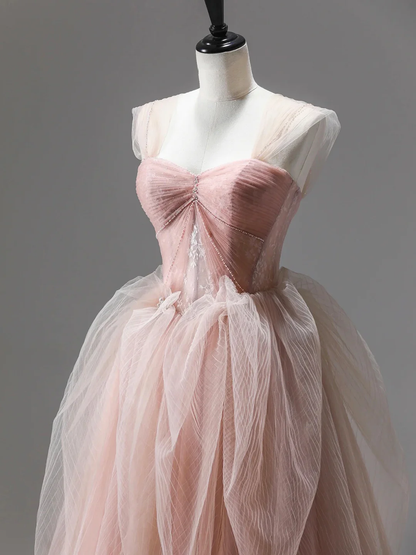 Robe de bal longue en tulle rose avec corset et volants P1844