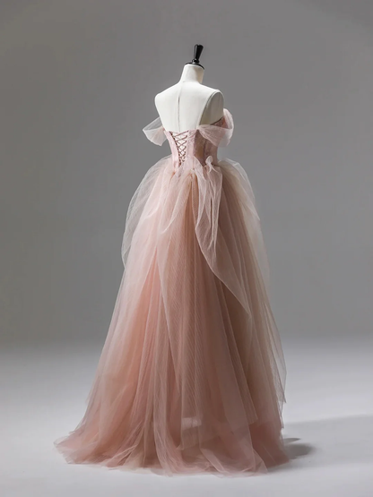 Robe de bal longue en tulle rose avec corset et volants P1844