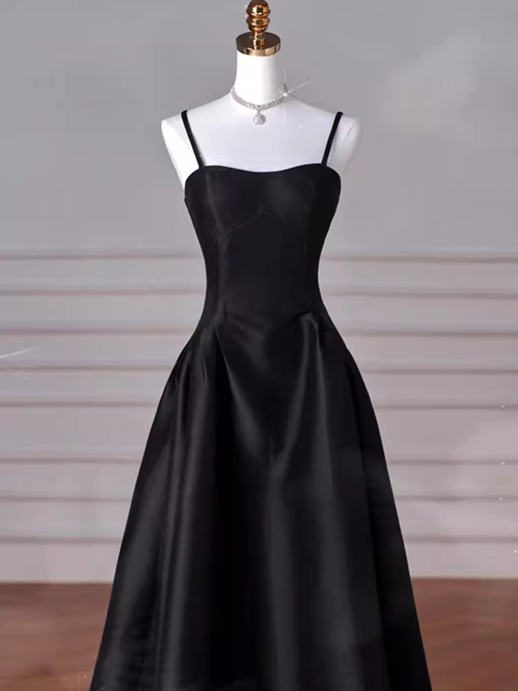 Gorgeous A line Straps Satin Black Prom Dress P1877