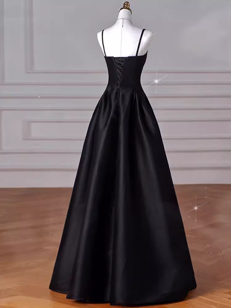 Gorgeous A line Straps Satin Black Prom Dress P1877
