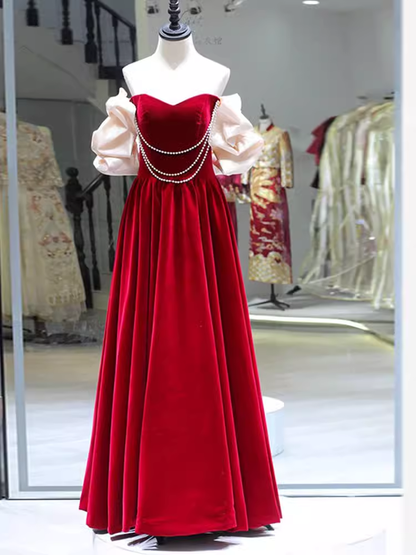 Gorgeous A line Off The Shoulder Velvet Red Prom Dress P1879