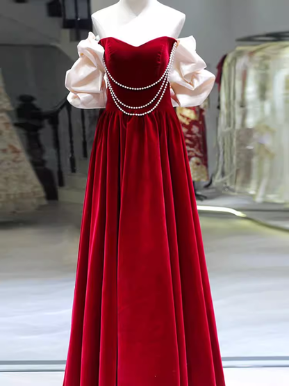 Gorgeous A line Off The Shoulder Velvet Red Prom Dress P1879