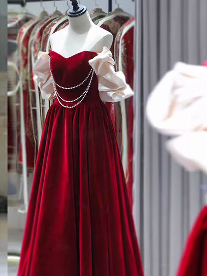 Gorgeous A line Off The Shoulder Velvet Red Prom Dress P1879
