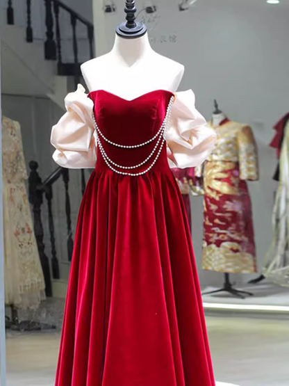 Gorgeous A line Off The Shoulder Velvet Red Prom Dress P1879