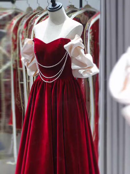 Gorgeous A line Off The Shoulder Velvet Red Prom Dress P1879