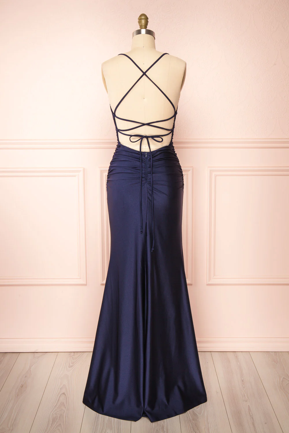 navy blue halter mermaid dress Halter V-neck Sleeveless Court Train Half Navy Blue Prom Dresses