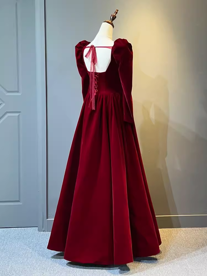 A Line Long Sleeves Red Velvet Prom Dresses P1917