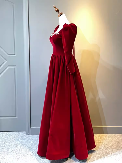 A Line Long Sleeves Red Velvet Prom Dresses P1917