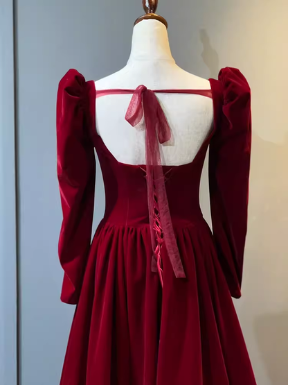 A Line Long Sleeves Red Velvet Prom Dresses P1917