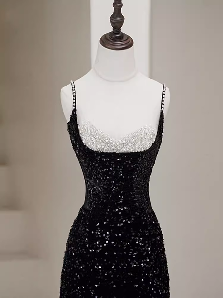 Charming Mermaid Halter Black Sequin Long Slit Prom Dress