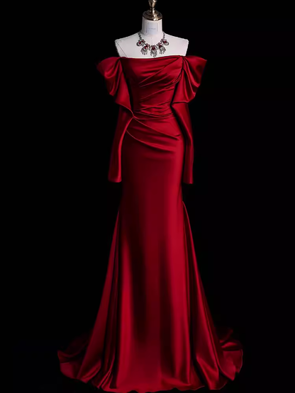 Meerjungfrau Off-Shoulder Burgunderrote Lange Satin-Abendkleider P1916