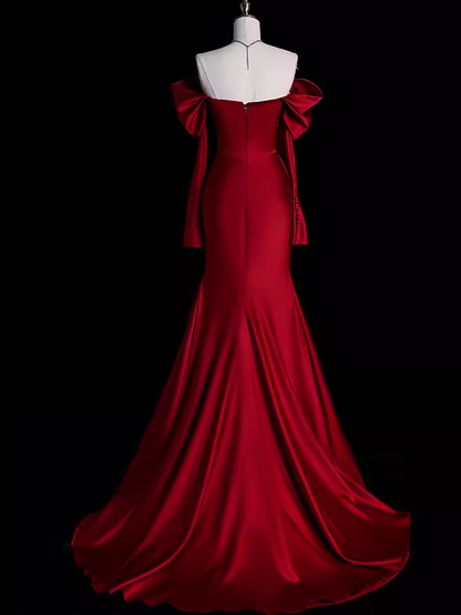 Meerjungfrau Off-Shoulder Burgunderrote Lange Satin-Abendkleider P1916