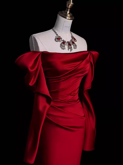 Meerjungfrau Off-Shoulder Burgunderrote Lange Satin-Abendkleider P1916