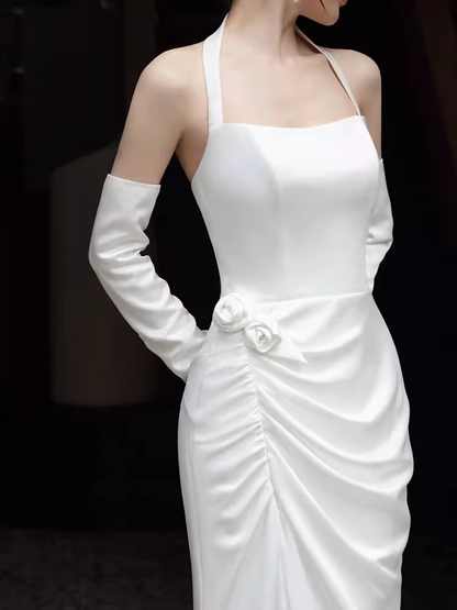 Schlichtes Meerjungfrau-Neckholder-Abendkleid, lang, Weiß P1925