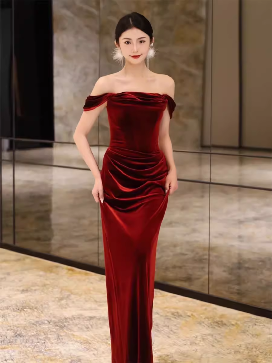 Sheath Strapless Red Velvet Prom Dresses Evening Dress P1986 - AS PHOTO / US2 Sheath Strapless Red Velvet Prom Dresses Evening Dress P1986 - AS PHOTO / US2