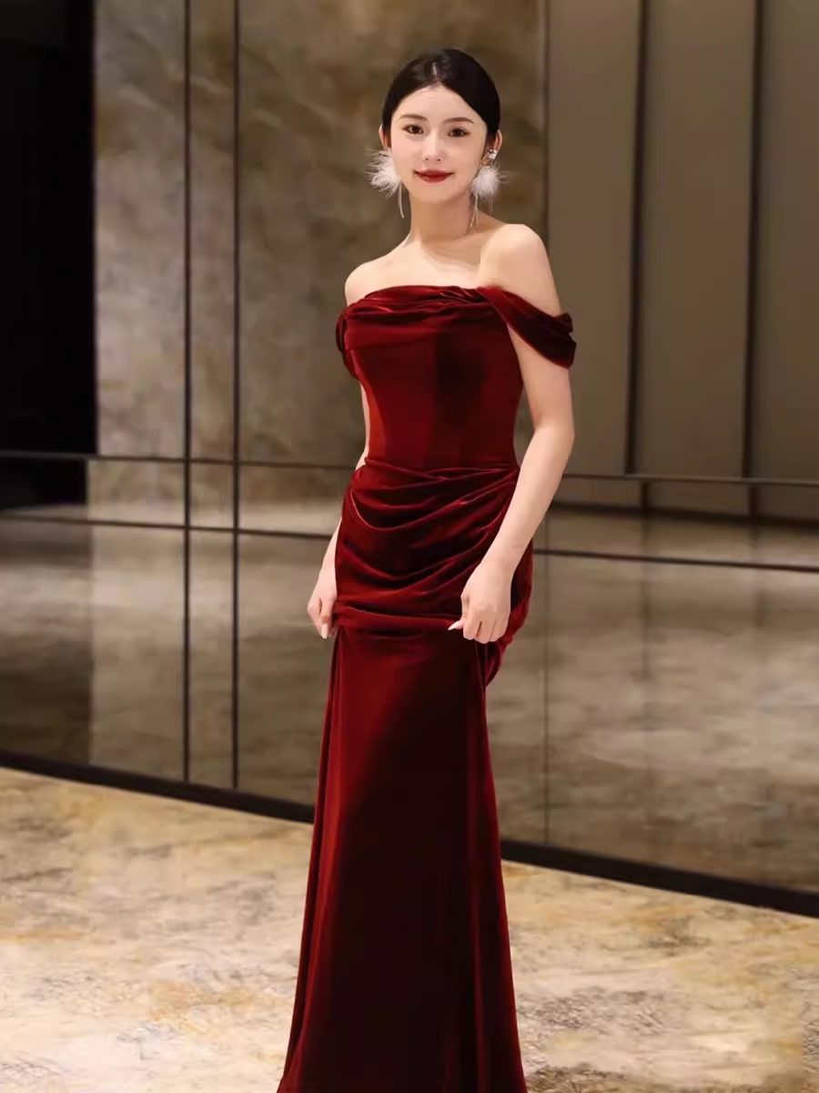 red velvet semi formal dress One Shoulder Red Velvet Ruched Sheath Formal Dresses with Split