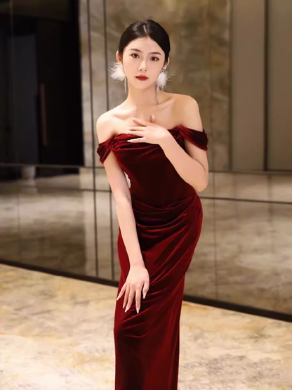 Sheath Strapless Red Velvet Prom Dresses Evening Dress P1986