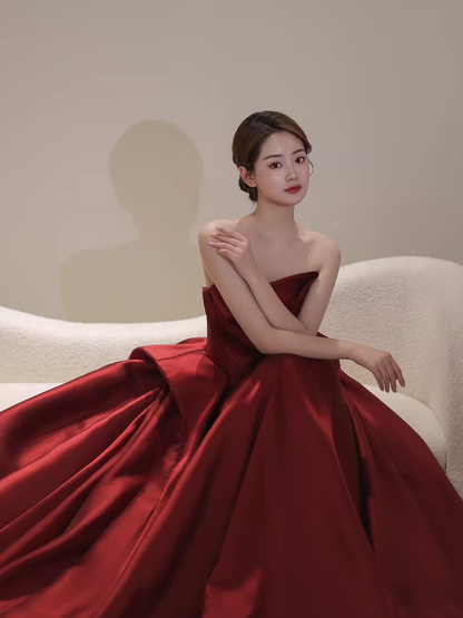 Ball Gown Strapless Burgundy Satin Prom Dresses Evening Dress P1988