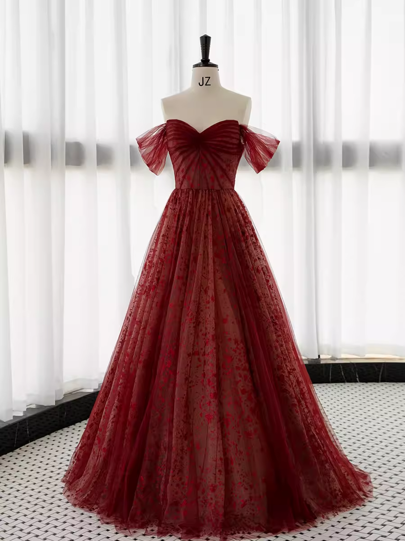 Ball Gown Floor Length Halter Burgundy Tulle Prom Dress LBQ0522 main image 1
