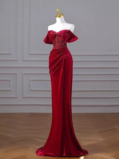 Meerjungfrau Trägerlos Burgund Samt Ballkleider Abendkleid P1990