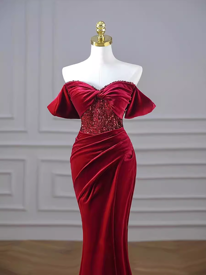 Meerjungfrau Trägerlos Burgund Samt Ballkleider Abendkleid P1990