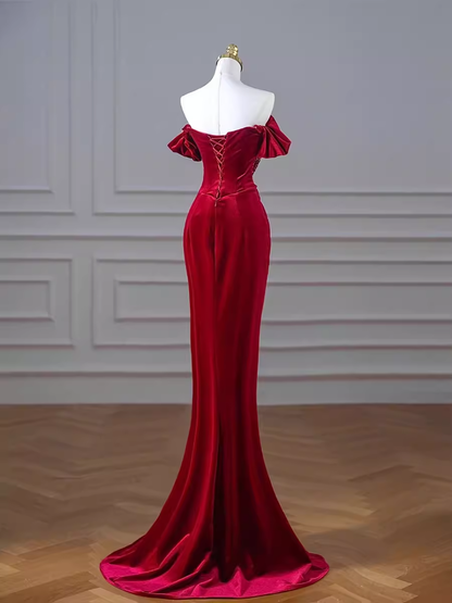 Meerjungfrau Trägerlos Burgund Samt Ballkleider Abendkleid P1990