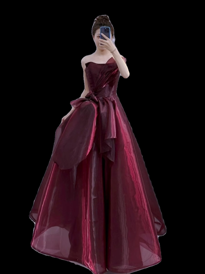 Ball Gown Strapless Burgundy Organza Prom Dresses Evening Dress P1991 - AS  PHOTO / US2
