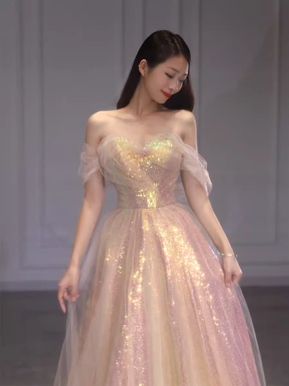 Robes de bal longues de soirée roses à paillettes sans bretelles coupe trapèze P2025