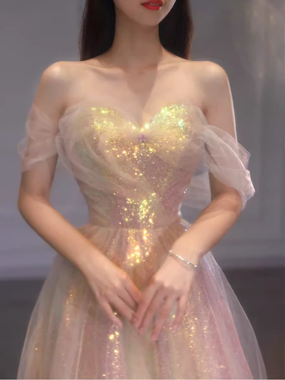 Robes de bal longues de soirée roses à paillettes sans bretelles coupe trapèze P2025