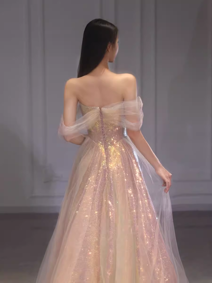 Robes de bal longues de soirée roses à paillettes sans bretelles coupe trapèze P2025