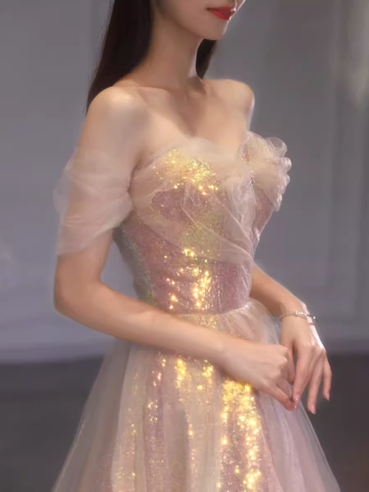 Robes de bal longues de soirée roses à paillettes sans bretelles coupe trapèze P2025