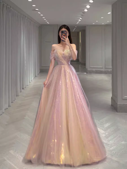 Robes de bal longues de soirée roses à paillettes sans bretelles coupe trapèze P2025