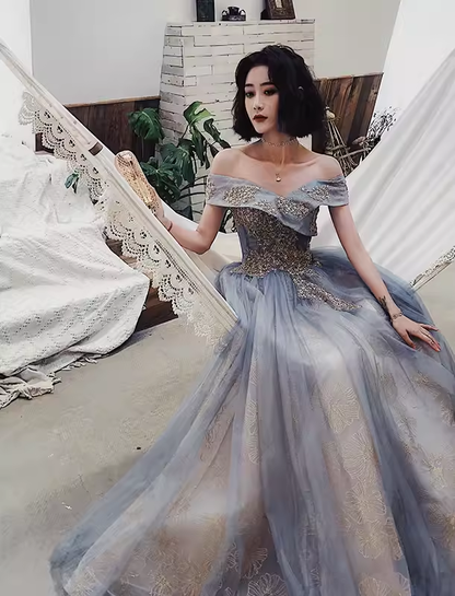 Robe de soirée longue grise sans manches à épaules dénudées P2027