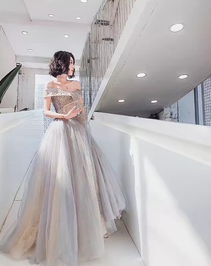 Robe de soirée longue grise sans manches à épaules dénudées P2027